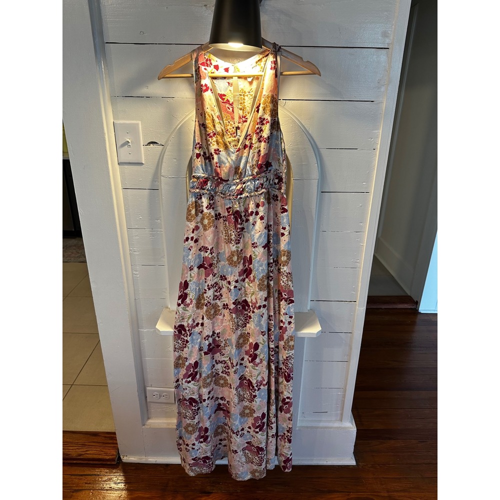 Japan Floral Maxi Dress Womens Medium Boho V-Neck Braided Waist Cutout Pink